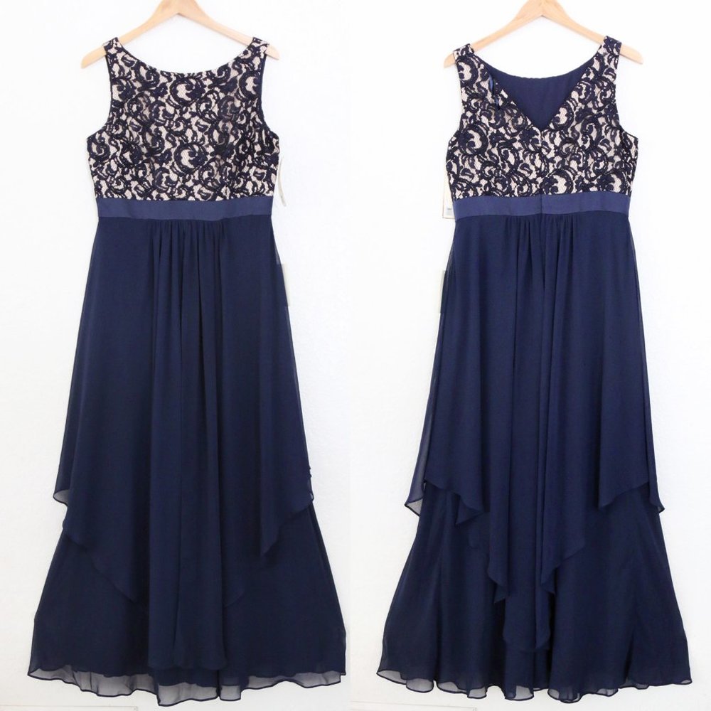 NEW Eliza J. Navy Blue Lace and Chiffon Gown Modest Prom Maxi Dress Size 14 $219 - Picture 7 of 16